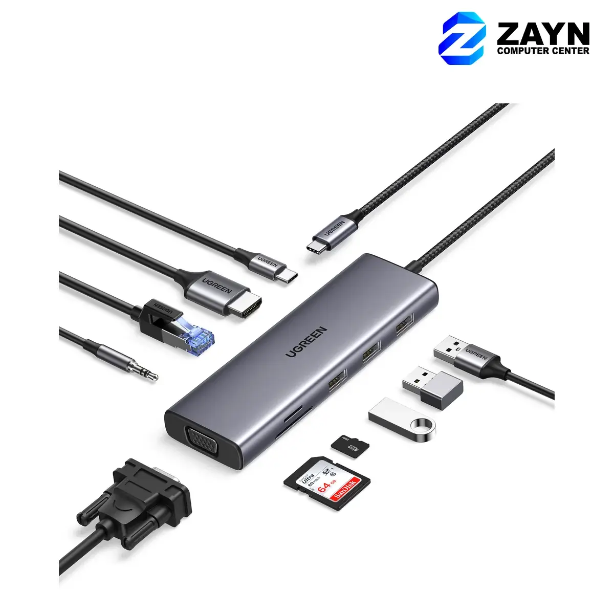 USB-C To 3*USB 3.0 A+HDMI+VGA+RJ45 Gigabit+SD/TF+PD Converter (9-in-1)
